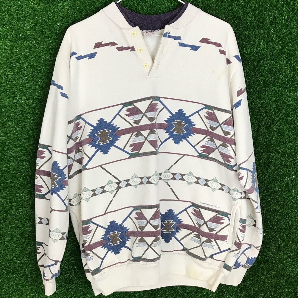 Vintage Aztec Abstract Pullover Button Sweater